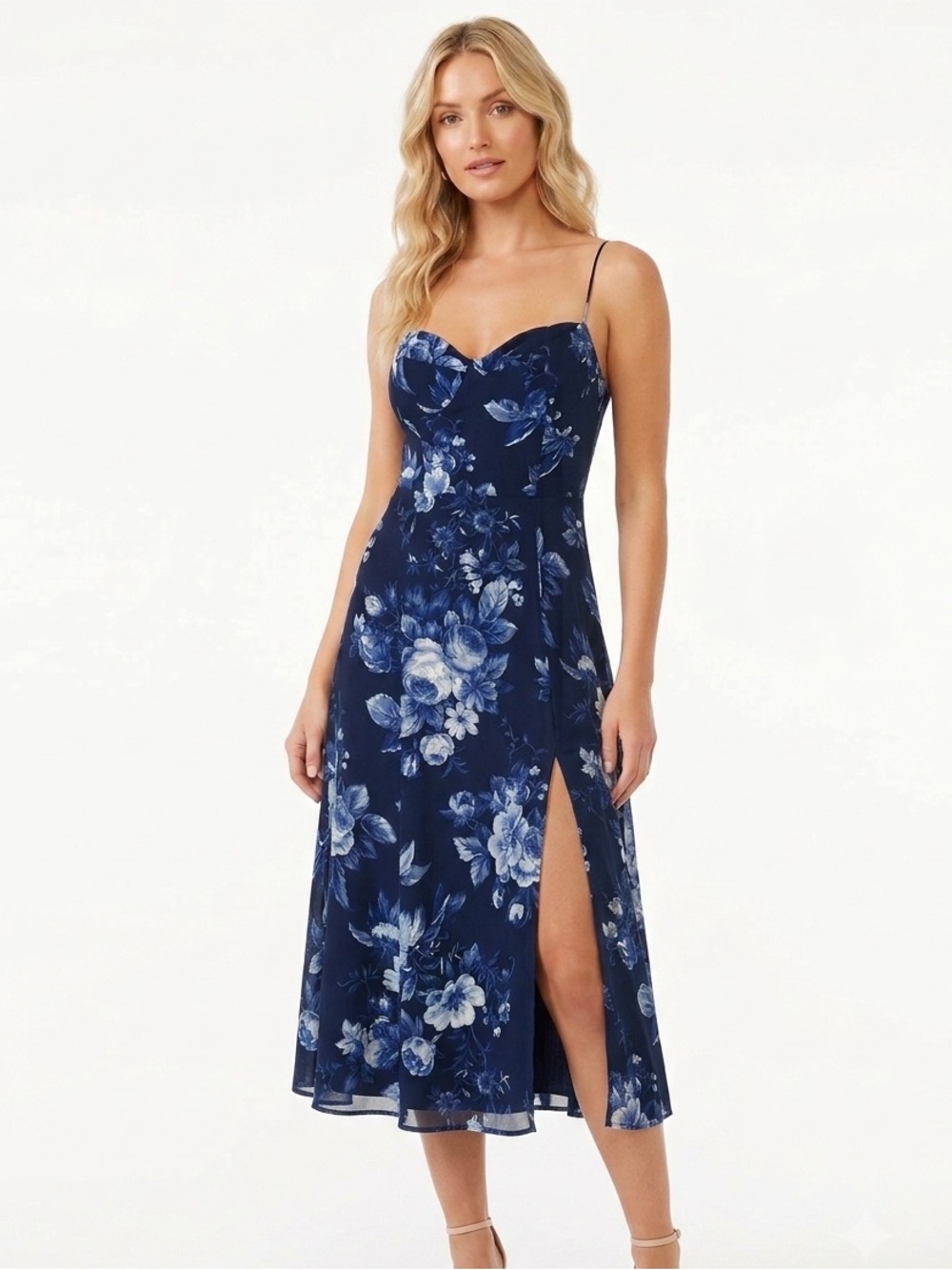 Reformation Juliette Midi Dress Lottie Blue Floral High Slit Size 0
